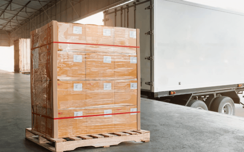 A pallet of boxes ready to be loaded into a delivery truck, illustrating batching.
