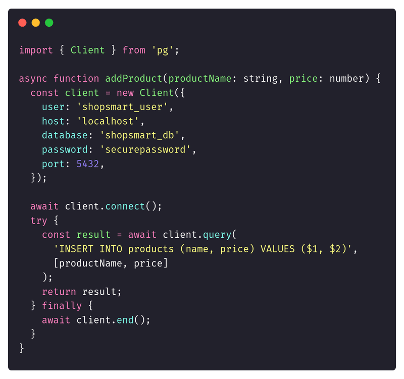 TypeScript opens a PostgreSQL connection for each request, inserts a product and closes the connection.