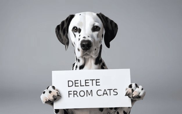 A Dalmatian holds a sign reading “DELETE FROM CATS.”