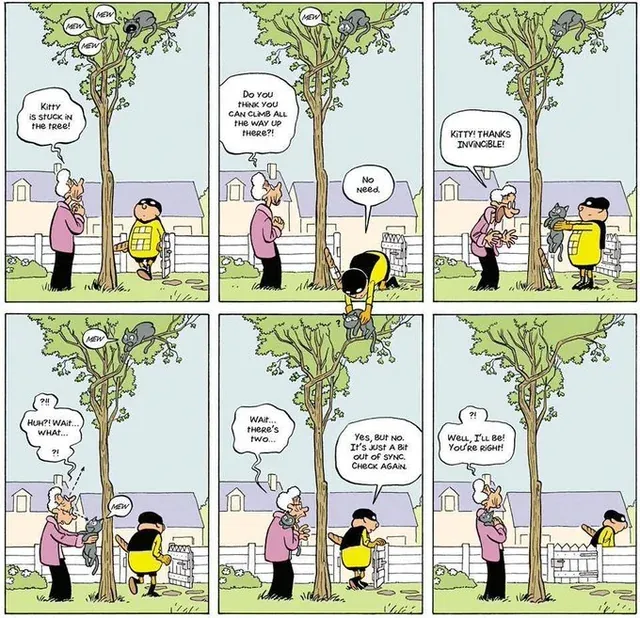 A comic about uncertainty and changing interpretations, illustrating eventual consistency.