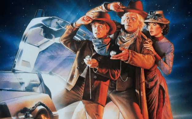 Back to the Future characters beside the DeLorean, illustrating ordering across timelines.