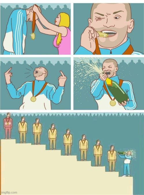 A comic shows a swimmer enjoying winning before discovering there are more levels of competition ahead.