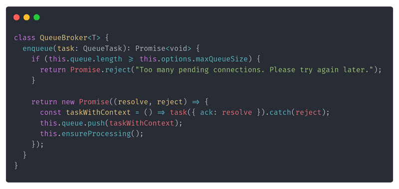A queued task resolves when its acknowledgement callback confirms processing has finished.