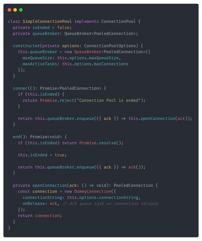 The refactored connection pool acknowledges queued work when the borrowed connection is released.