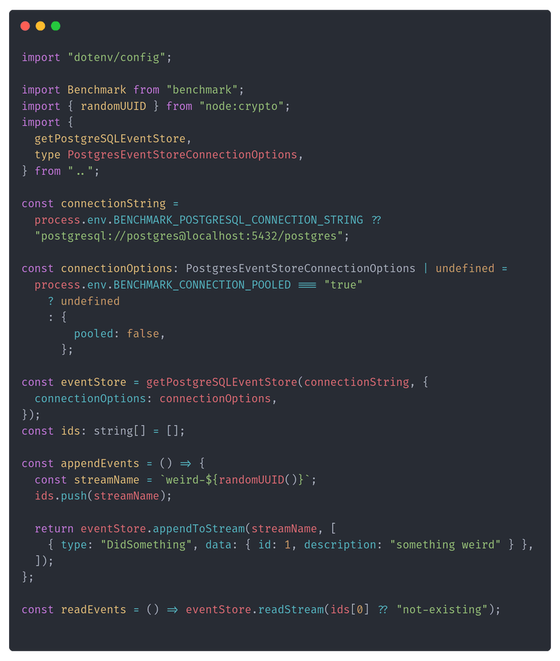 A benchmark helper opens a configured number of event-store connections and appends events.
