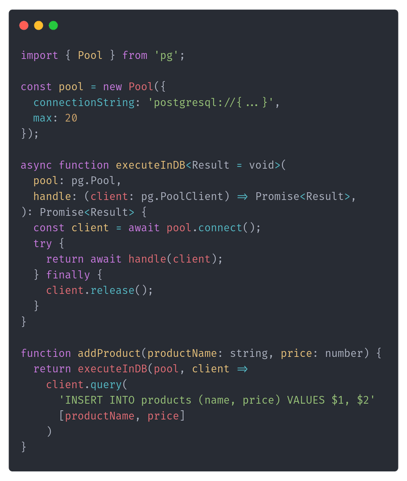 TypeScript product insertion with a pooled PostgreSQL connection released after the query.