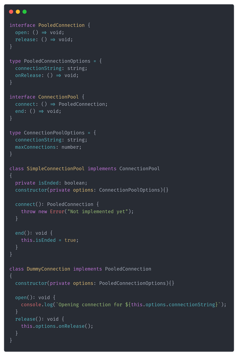 Connection pool interfaces define the connection string, maximum connections and asynchronous connect operation.