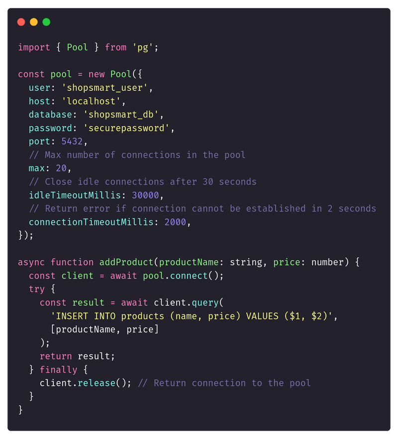 TypeScript borrows a PostgreSQL client from a pool and releases it after inserting a product.