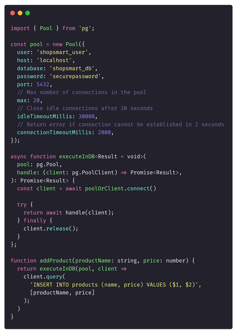 A TypeScript helper wraps borrowed PostgreSQL connections in cleanup logic so they are released after use.