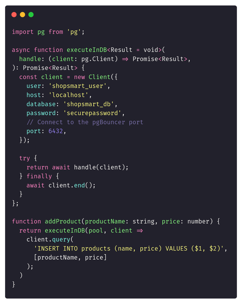 A TypeScript client connects through a PostgreSQL proxy, which manages the shared connection pool.