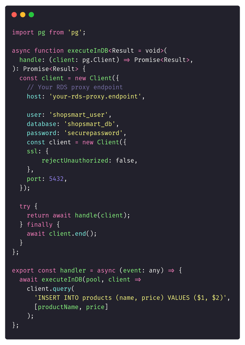TypeScript configures a PostgreSQL connection pool to use the AWS RDS Proxy endpoint and authentication.