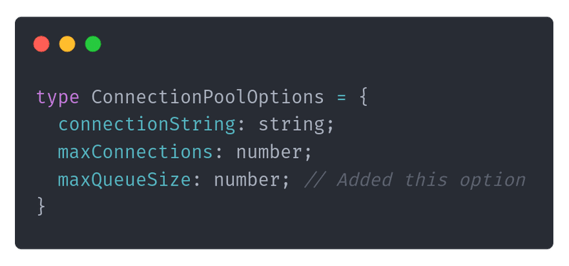 Connection pool options add maxQueueSize alongside the connection string and maximum connections.